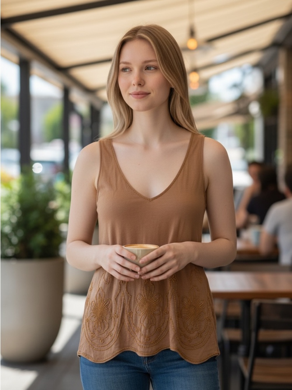 Sleeveless V-Neck Beaded Tank - Caramel